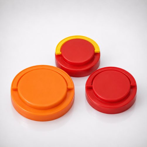 Plastic jar caps with carrying handle in 83mm, 96mm and 120mm, orange and red